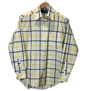 Vintage Tommy Hilfiger Mens M Button Down‎ Shirt Plaid Yellow Black White Cotton